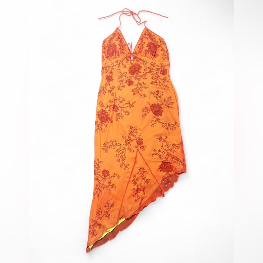 Vintage Y2K Cache Orange Pure Silk Beaded Asymmetrical Party Cocktail Prom Dress